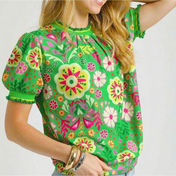 🎁25% Off Bundles🎁 Umgee Retro Floral Puff Sleeve Top Floral Green Top - Picture 5 of 5